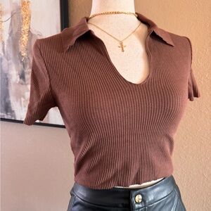 Crop collared ribbed sweater top stretchy